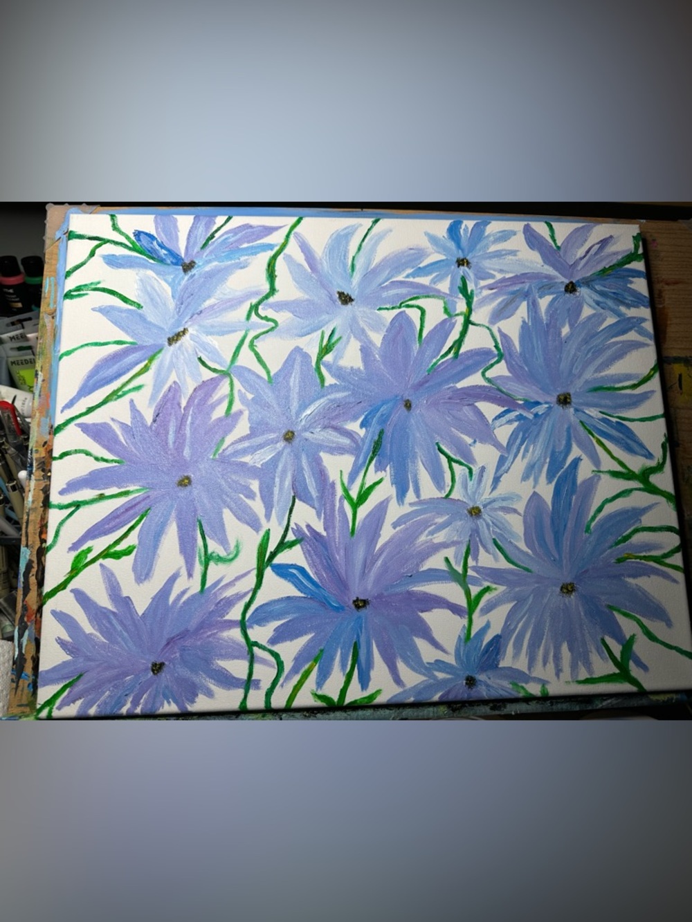 Blue Lavender Floral Canvas Painting - Artist Signed